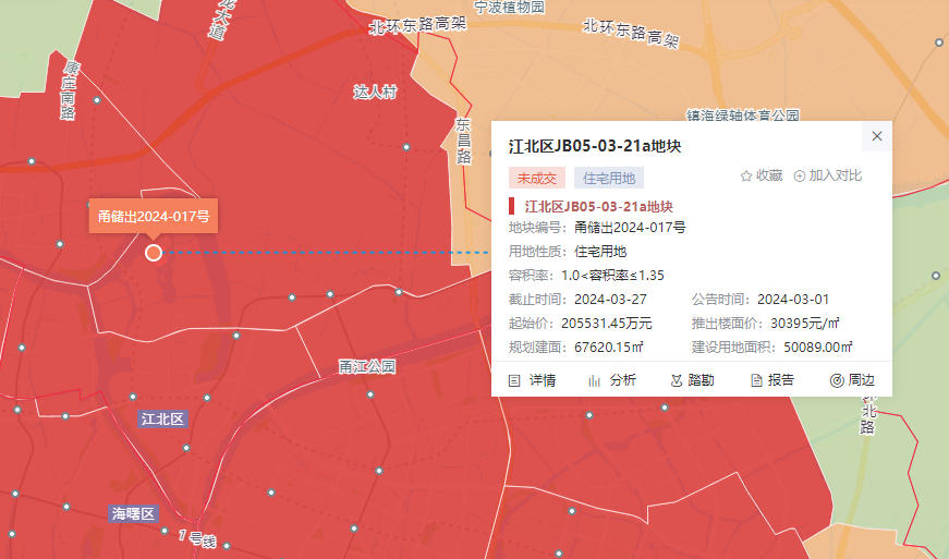 宁波20.55亿挂牌江北湾头低密宅地，起始楼面价30395元/平创新高