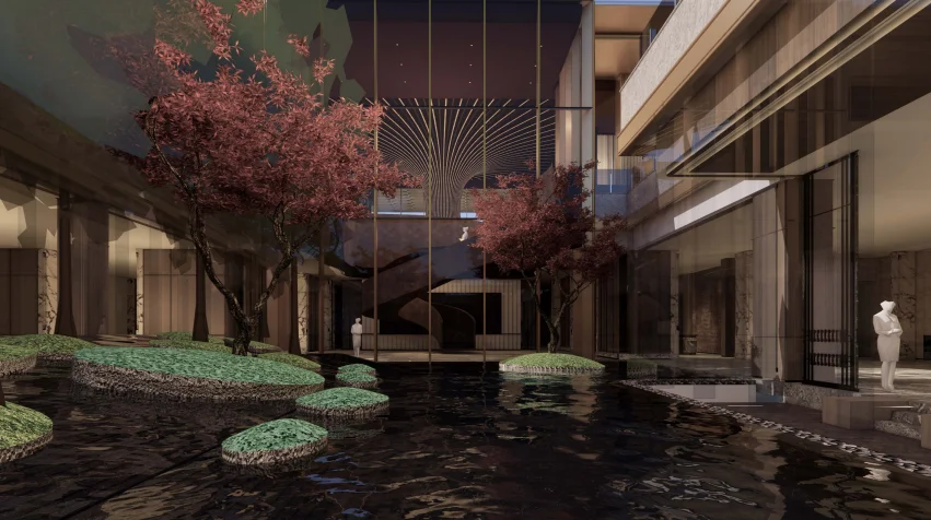 的地面,采自意大利的威尼斯棕;水吧台的用材,来自云南的香格里拉翡翠