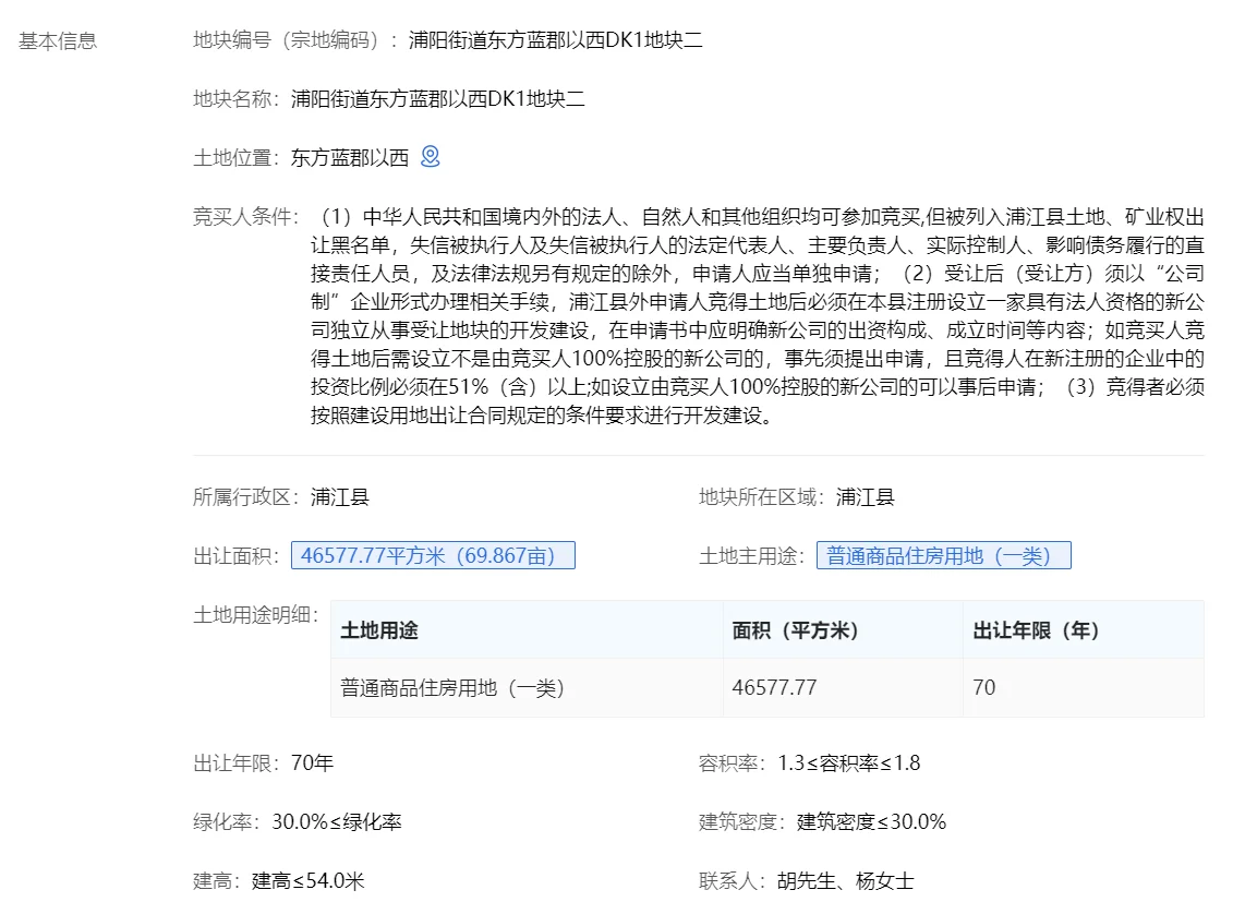 成交价413亿！浦阳街道东方蓝郡以西DK1地块二成功出让
